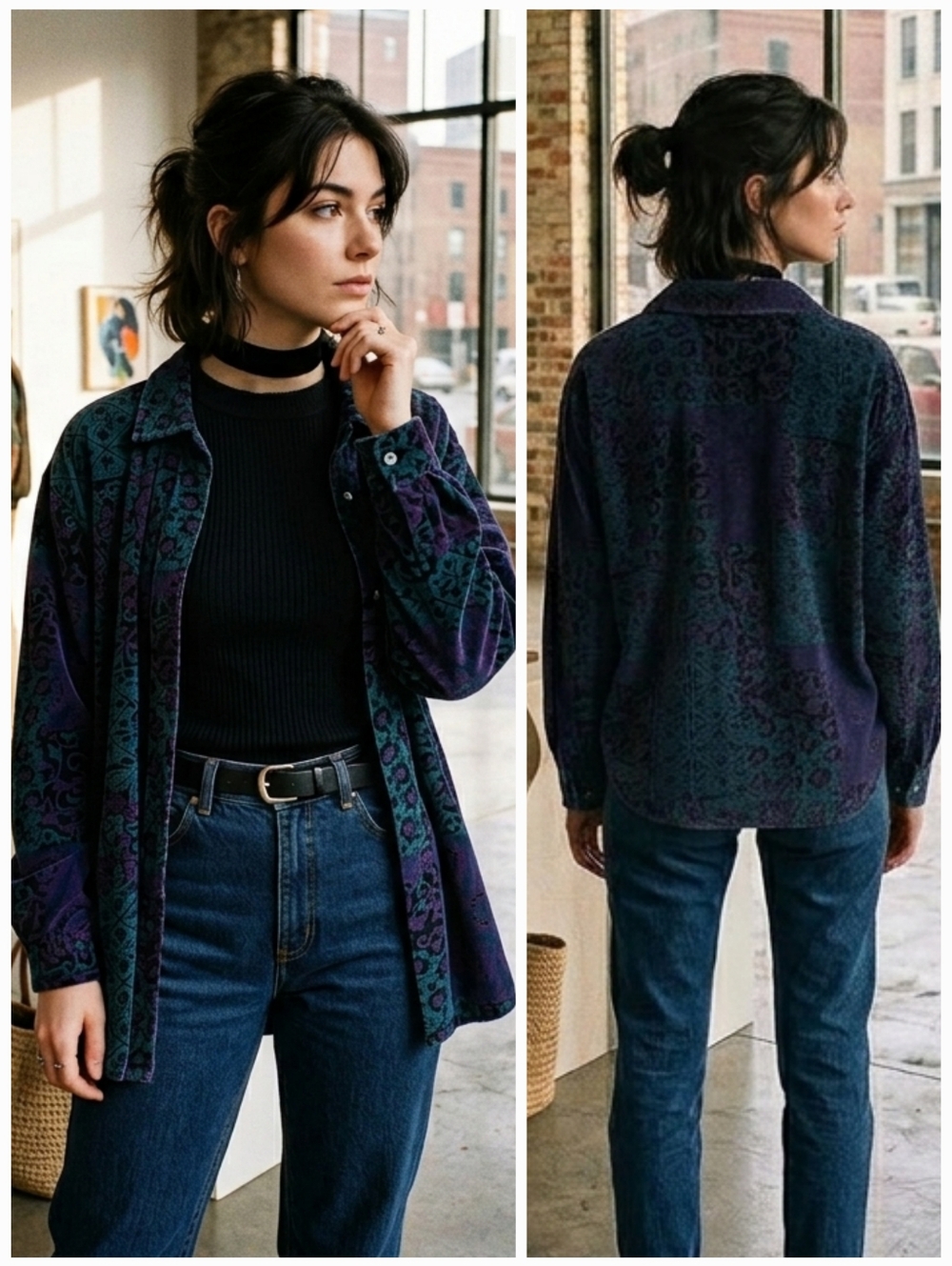 Weekend Edition S Vintage 90s Whimsigoth Boho Artsy Patchwork Motif Velour Shirt